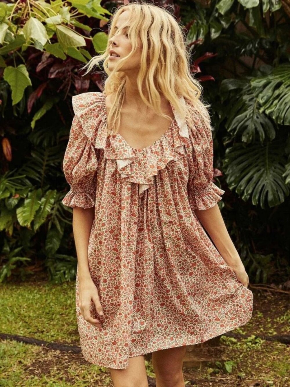 Doen Chime Dress Coral Poppy Bell Floral Ruffle Cotton Liberty Mini Size S